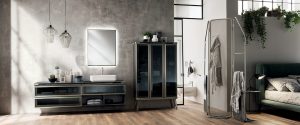 Soluciones que enriquecen la modularidad del programa de decoración Diesel Open Workshop para el baño.. El biombo Total Screen con malla metálica en elementos tubulares en acabado Acero Soft, el espejo rectangular Square Lunar diseño Diesel con luz LED y el lavabo Sink Rectangular de Mineralmarmo en acabado brillante. Soluciones que enriquecen la modularidad del programa de decoración Diesel Open Workshop para el baño.